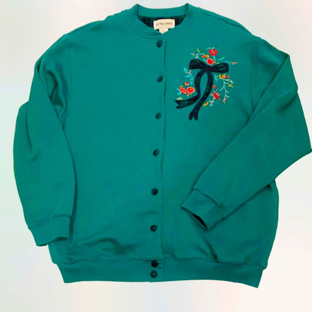 Vintage 90s Alfred Dunner Vibrant Green Holiday Cardigan Sweater Plaid Floral L